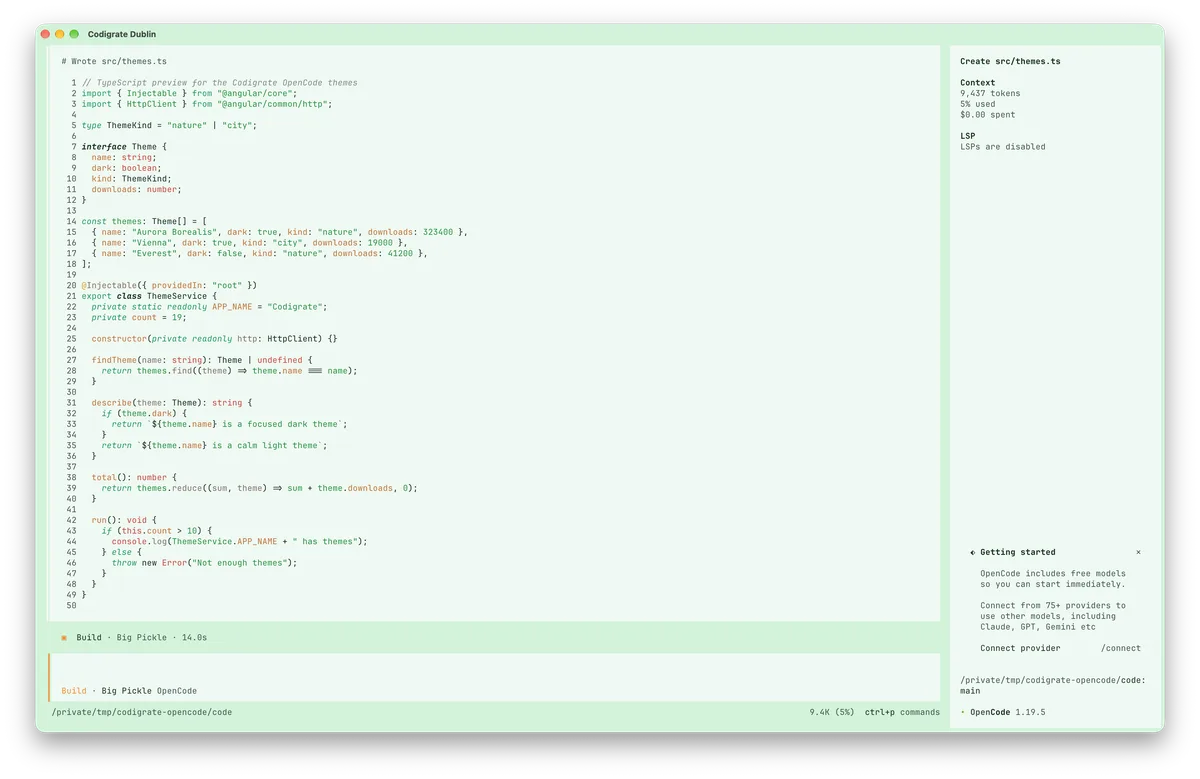 Dublin theme for OpenCode, a screenshot