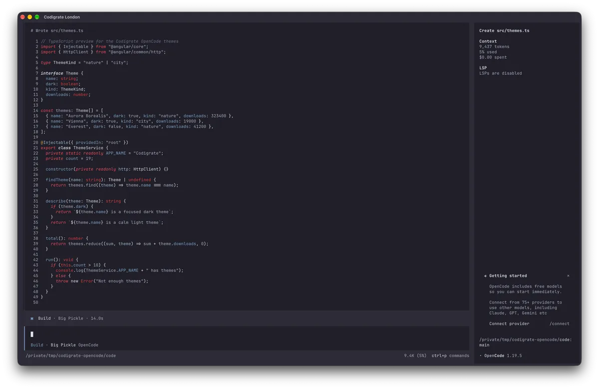 London theme for OpenCode, a screenshot