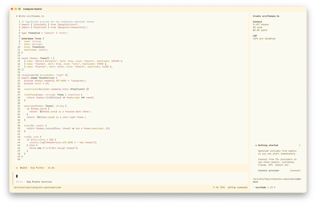 Madrid theme for OpenCode, a screenshot