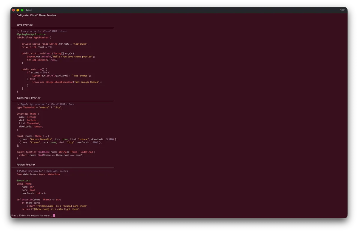 Miami theme for iTerm2, a screenshot