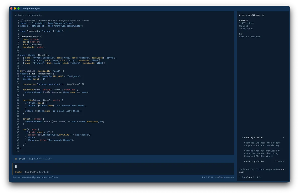 Prague theme for OpenCode, a screenshot