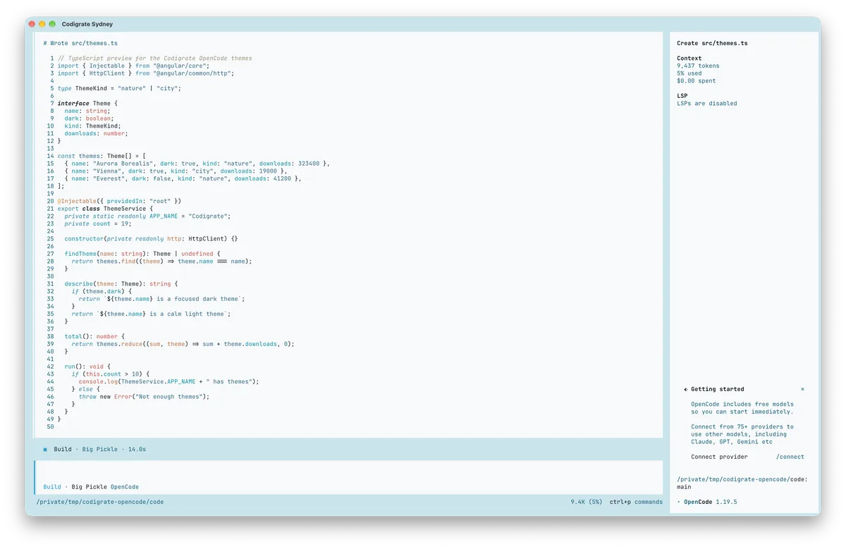 Sydney theme for OpenCode, a screenshot