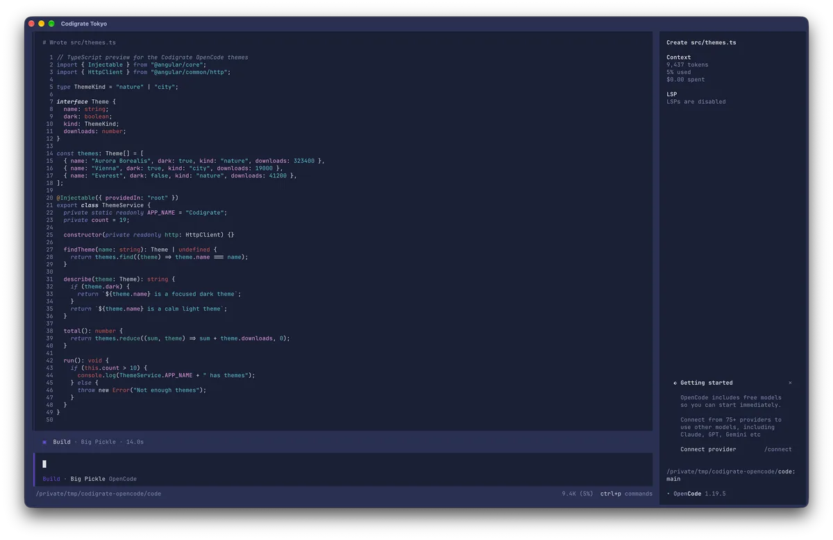 Tokyo theme for OpenCode, a screenshot