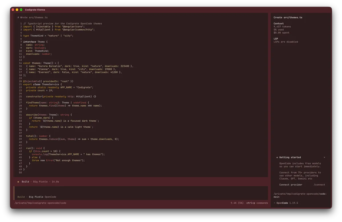 Vienna theme for OpenCode, a screenshot