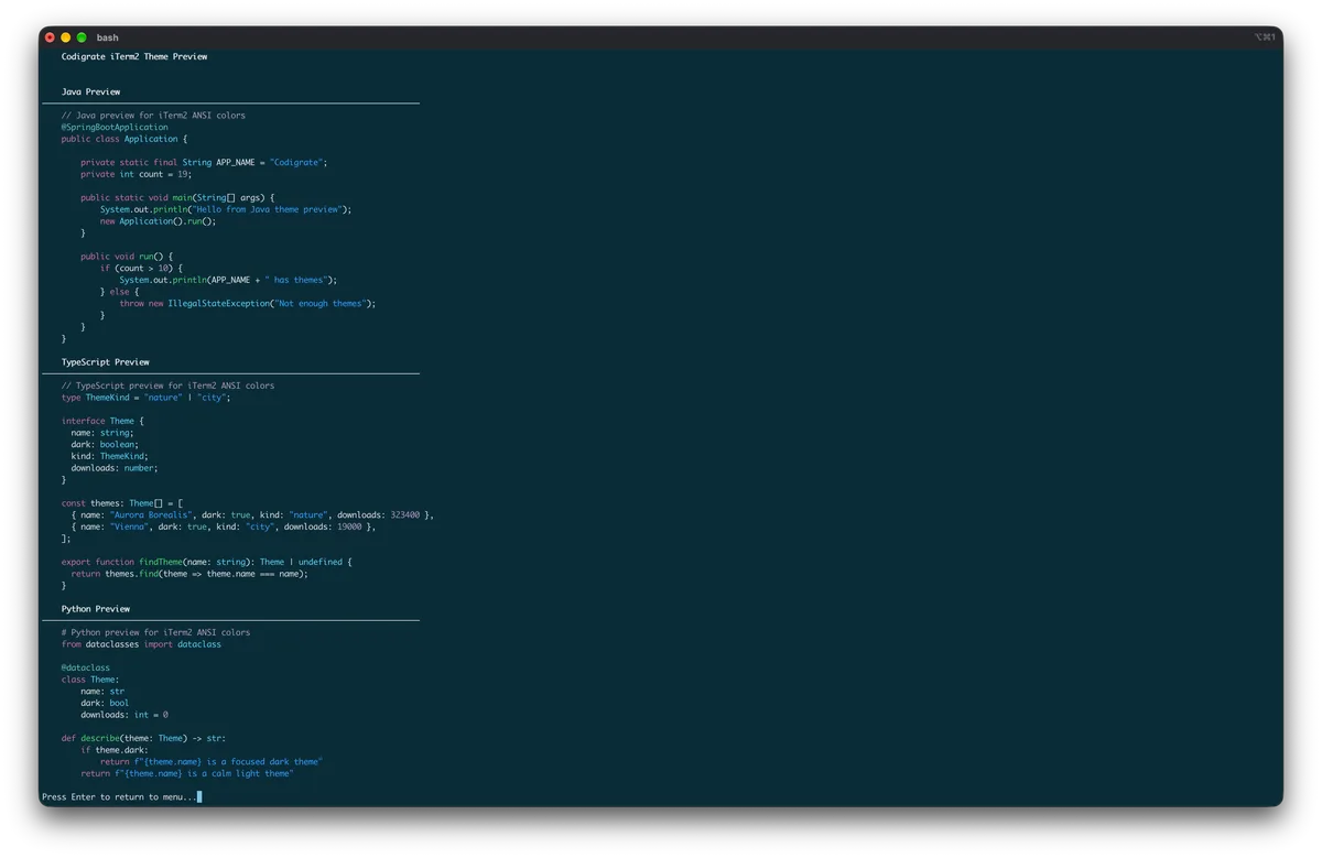 Aurora Borealis theme for iTerm2, a screenshot