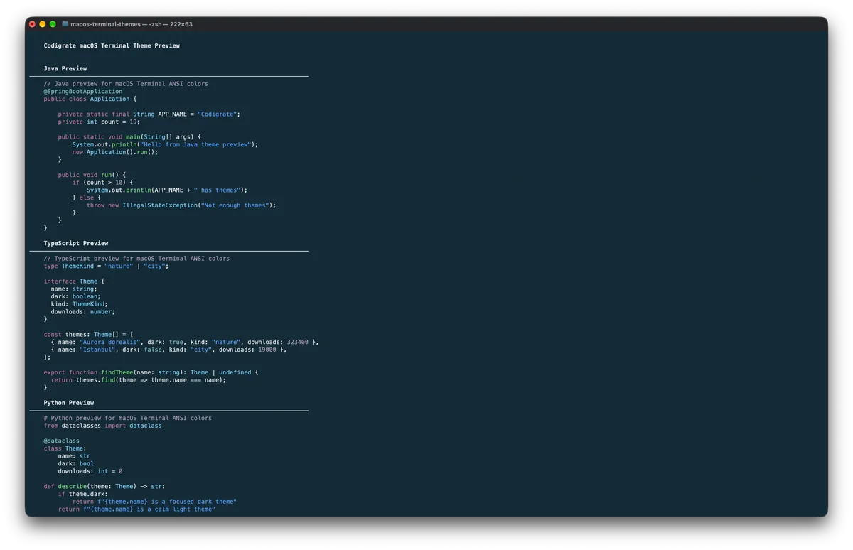 Aurora Borealis theme for MacOS Terminal, a screenshot
