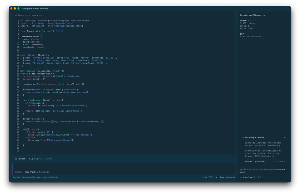 Aurora Borealis theme for OpenCode, a screenshot