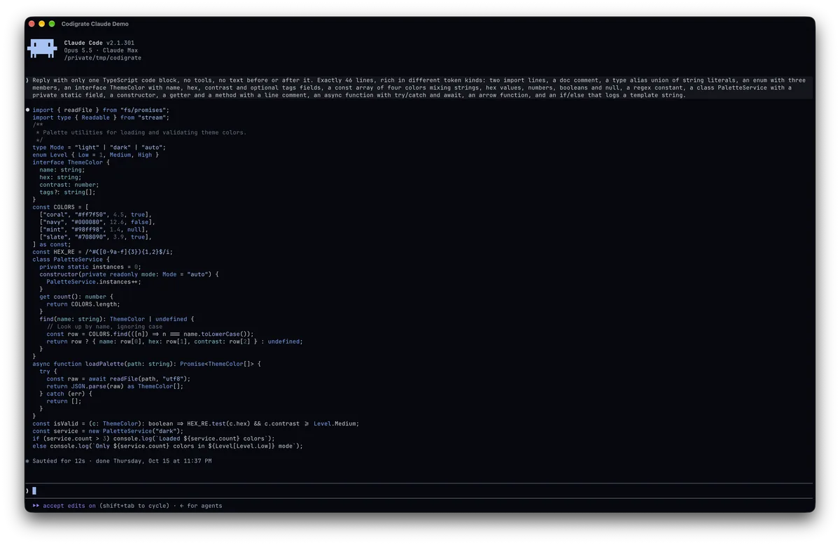 Bioluminescence theme for Claude Code, a screenshot