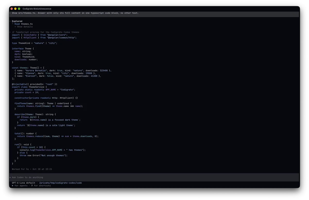 Bioluminescence theme for Codex, a screenshot