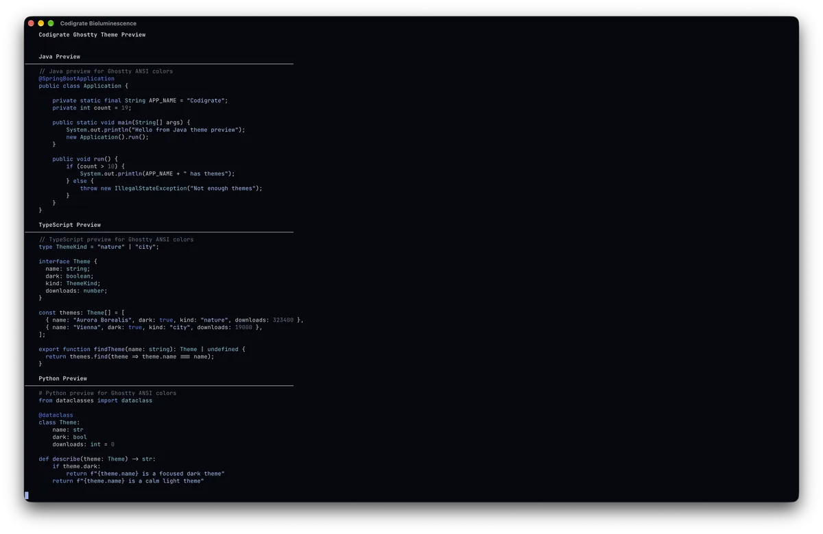 Bioluminescence theme for Ghostty, a screenshot