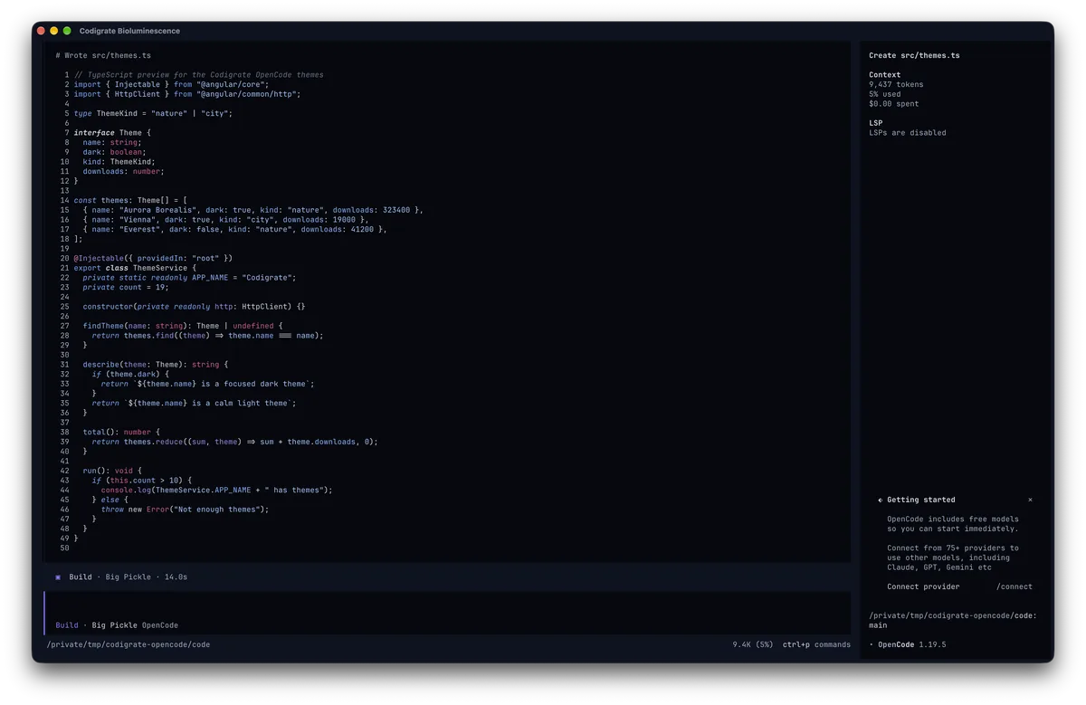 Bioluminescence theme for OpenCode, a screenshot