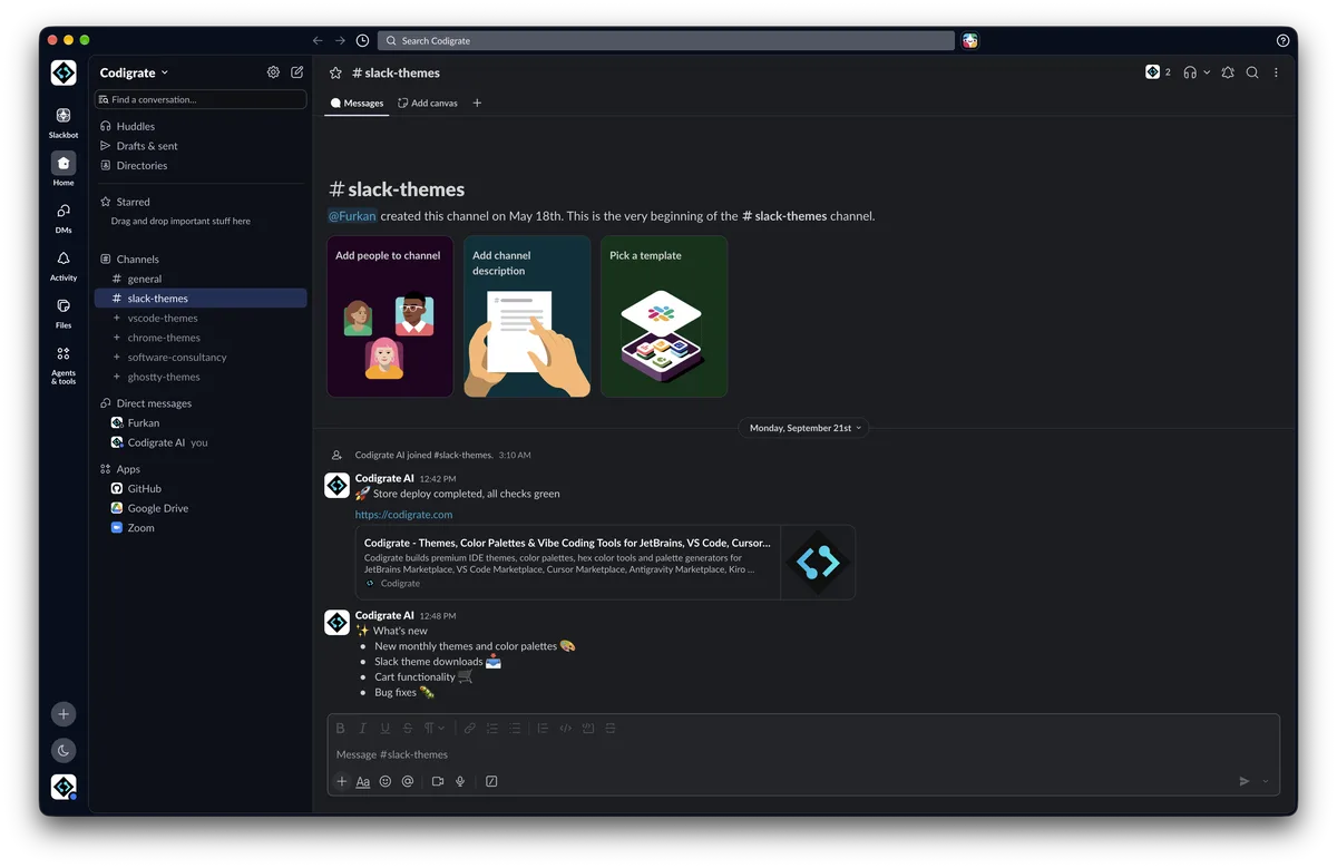 Bioluminescence theme for Slack, a screenshot