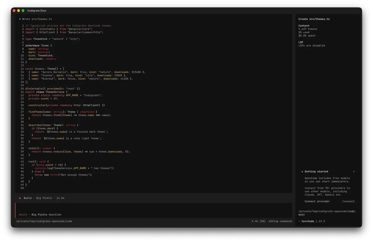 Etna theme for OpenCode, a screenshot