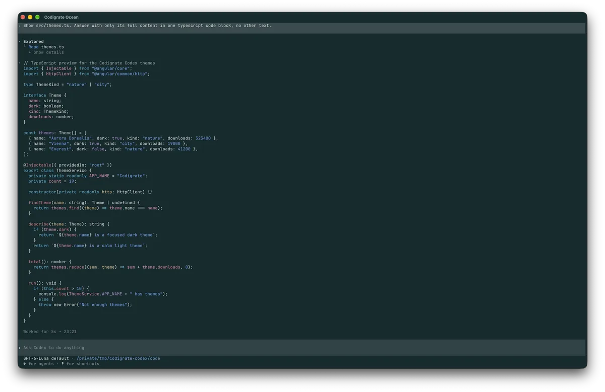 Ocean theme for Codex, a screenshot