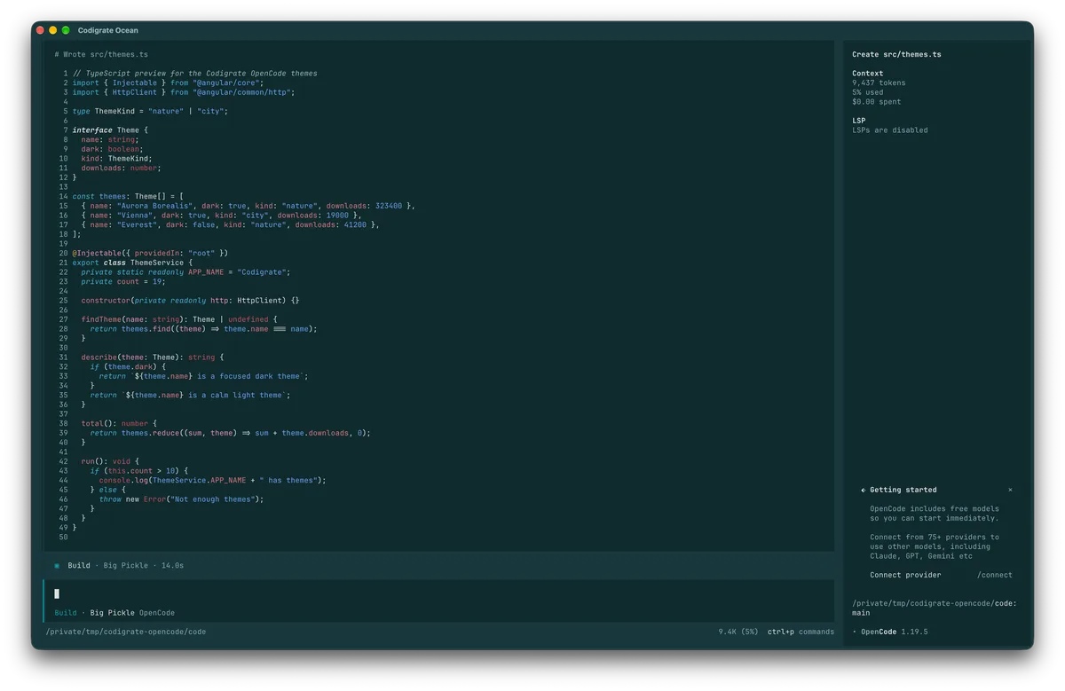 Ocean theme for OpenCode, a screenshot