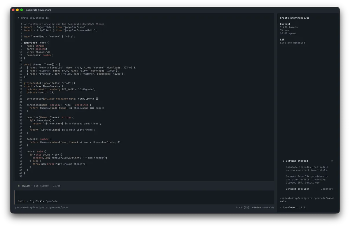 Reynisfjara theme for OpenCode, a screenshot