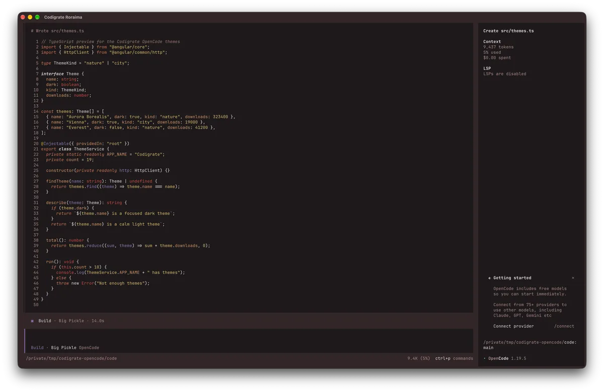 Roraima theme for OpenCode, a screenshot