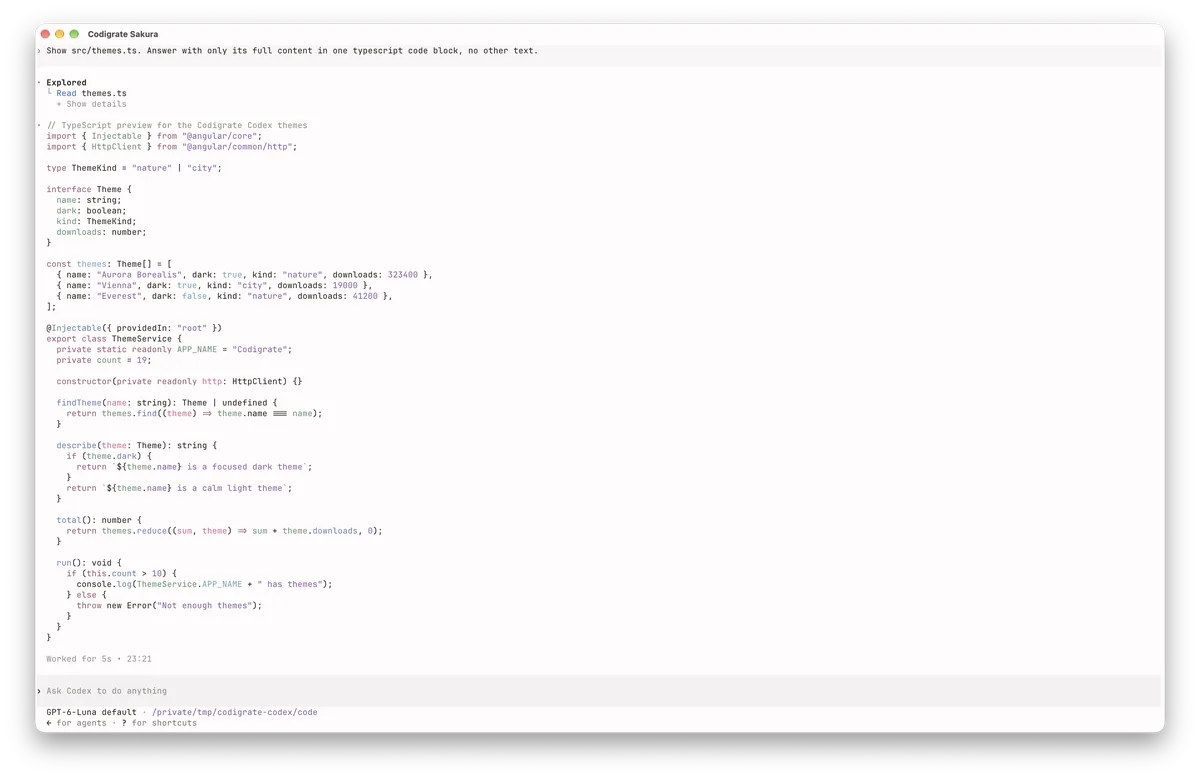 Sakura theme for Codex, a screenshot