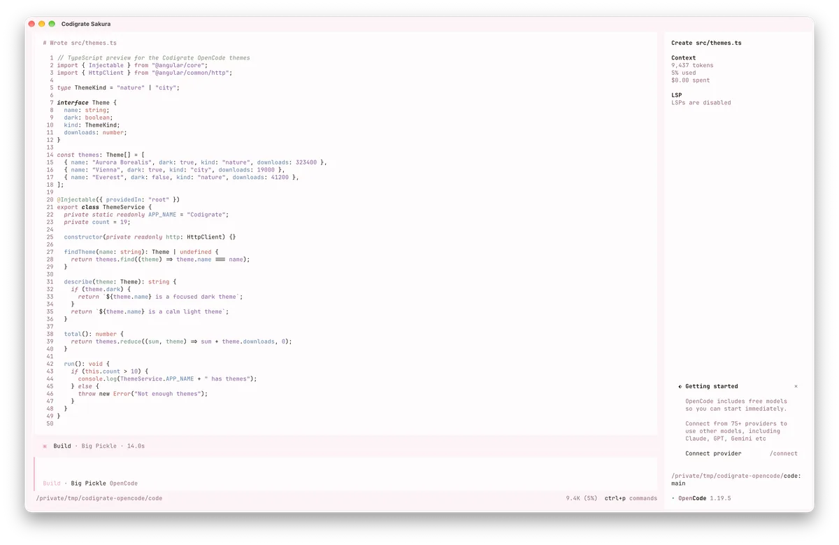 Sakura theme for OpenCode, a screenshot
