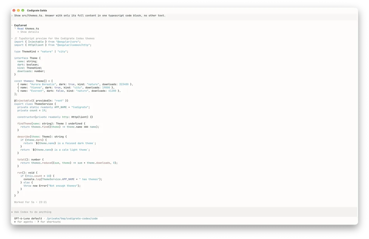 Salda theme for Codex, a screenshot