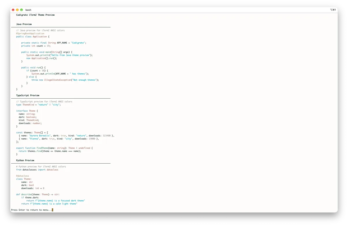 Salda theme for iTerm2, a screenshot