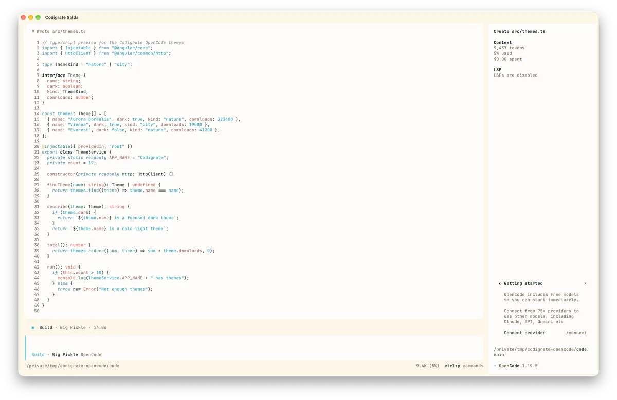 Salda theme for OpenCode, a screenshot