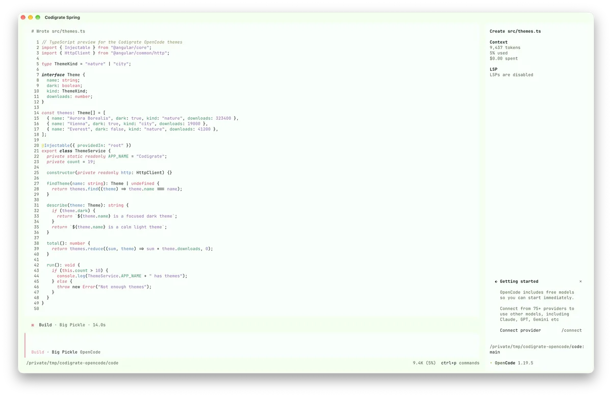 Spring theme for OpenCode, a screenshot